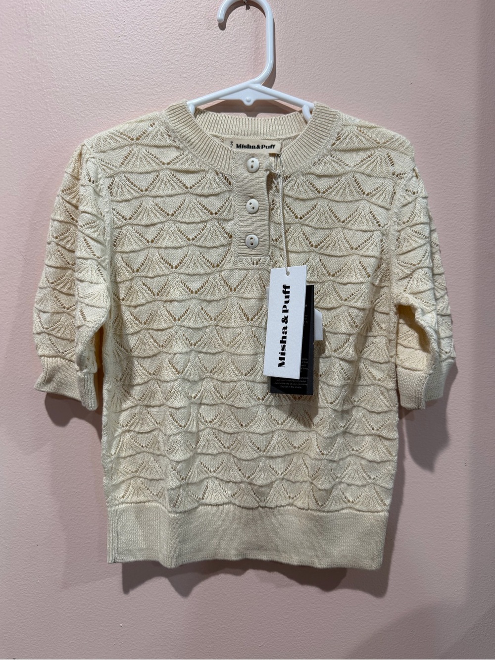 Misha And Puff Cream Textured Short-Sleeve Henley Sweater